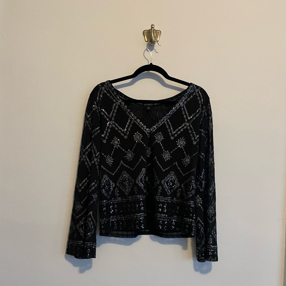 Express Women’s Long Bell Sleeved Black with Sequins Blouse | Size S
